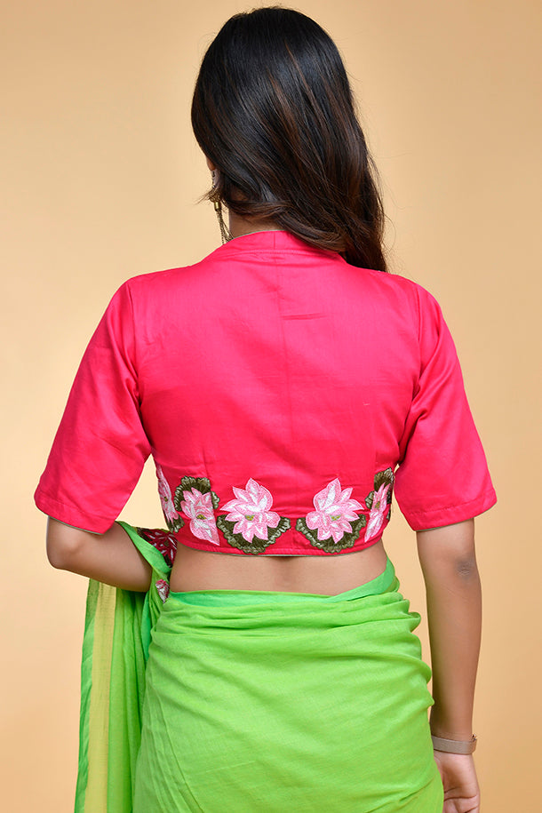 Bright Pink Cotton Blouse with Floral Embroidery