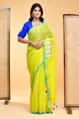 Vibrant Lime Green and Royal Blue Mul Cotton Embroidered Saree Blouse Set