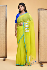 Vibrant Lime Green and Royal Blue Mul Cotton Embroidered Saree Blouse Set