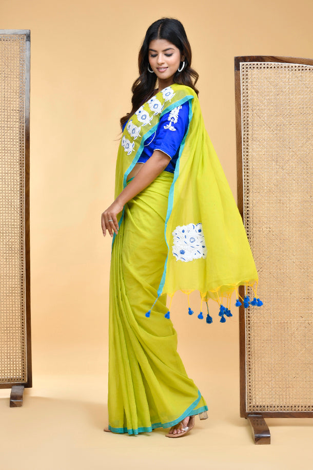 Vibrant Lime Green and Royal Blue Mul Cotton Embroidered Saree Blouse Set