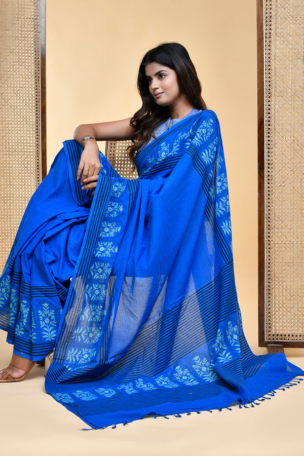 Royal Blue Hand Block Print Mul Cotton Saree