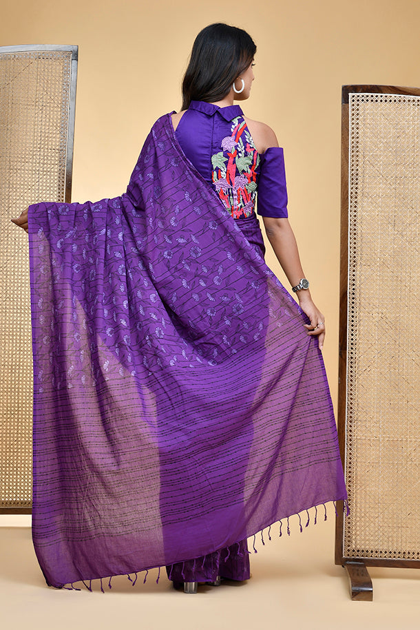 Hand Block Print Mul Cotton Saree in Regal Purple