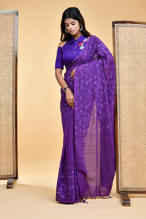 Hand Block Print Mul Cotton Saree in Regal Purple