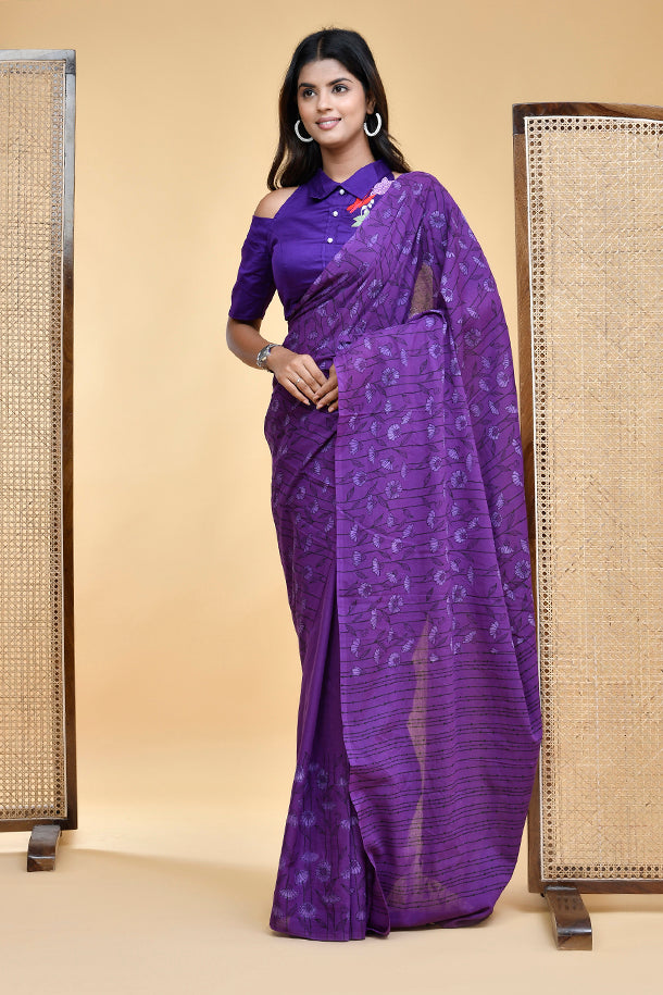 Hand Block Print Mul Cotton Saree in Regal Purple