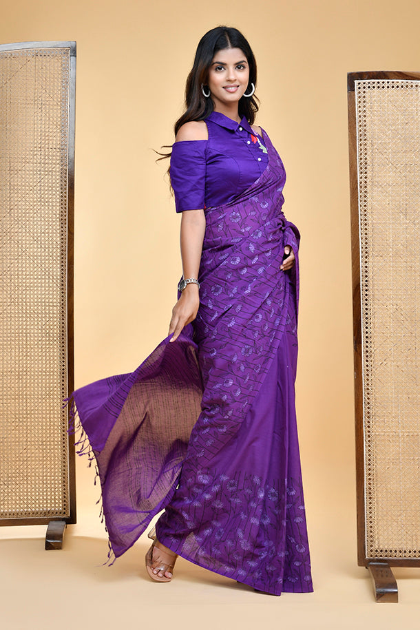 Hand Block Print Mul Cotton Saree in Regal Purple