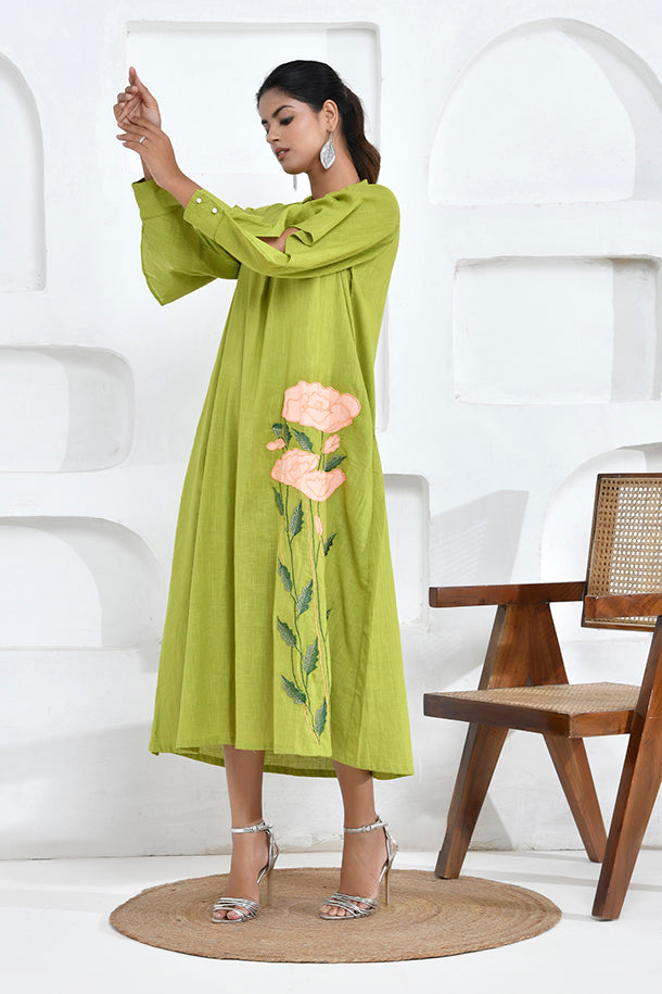 Lime Green Floral Embroidery Shirt Dress