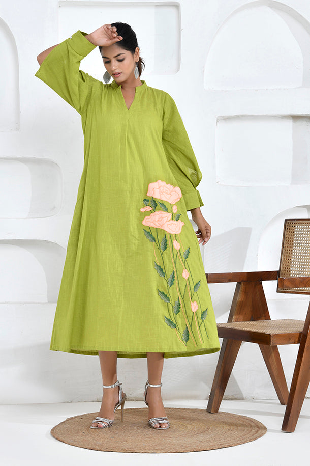 Lime Green Floral Embroidery Shirt Dress