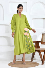 Lime Green Floral Embroidery Shirt Dress