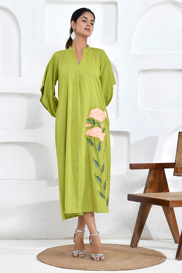 Lime Green Floral Embroidery Shirt Dress