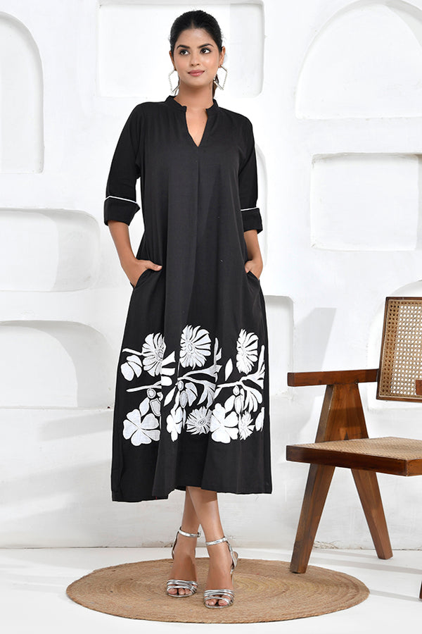 Bold Black Floral Embroidered Shirt Dress