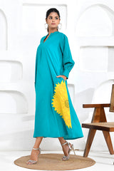 Turquoise Sunflower Embroidery Shirt Dress