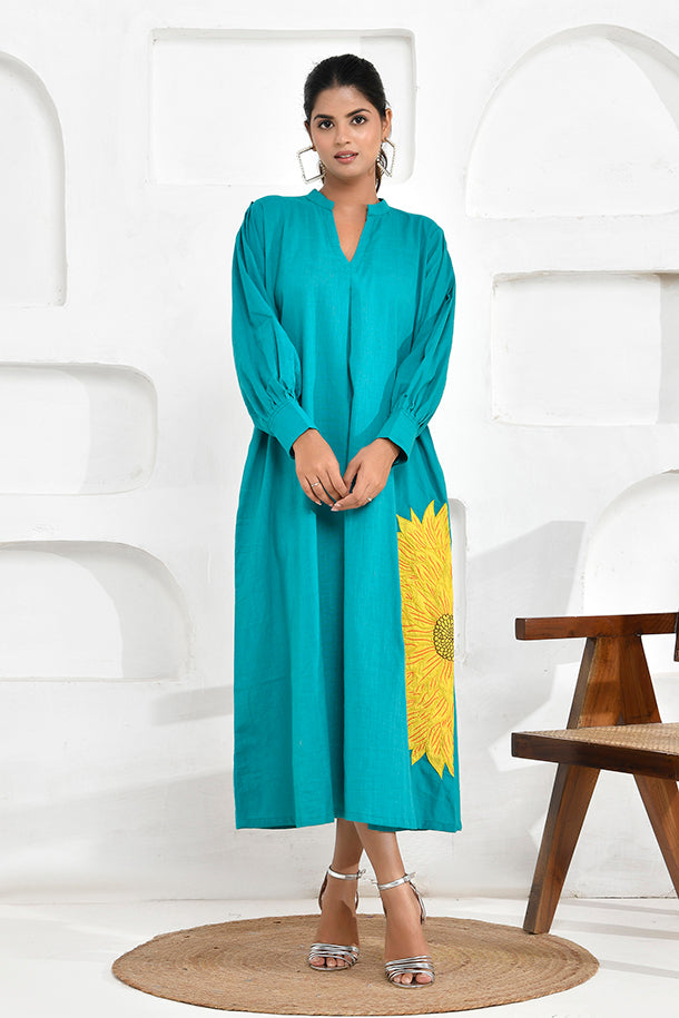 Turquoise Sunflower Embroidery Shirt Dress