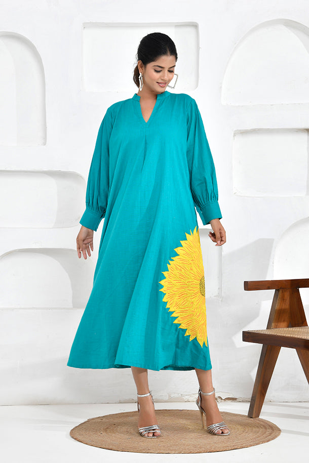 Turquoise Sunflower Embroidery Shirt Dress