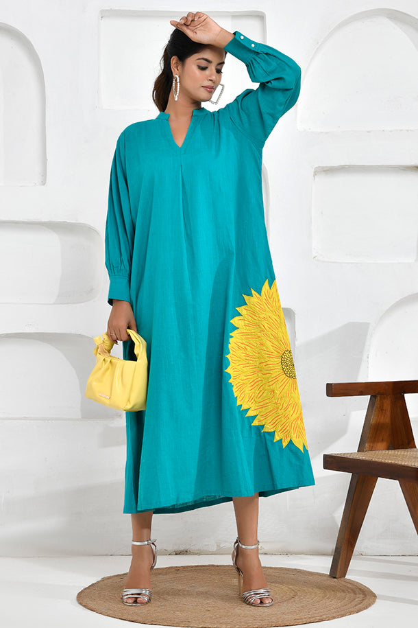 Turquoise Sunflower Embroidery Shirt Dress