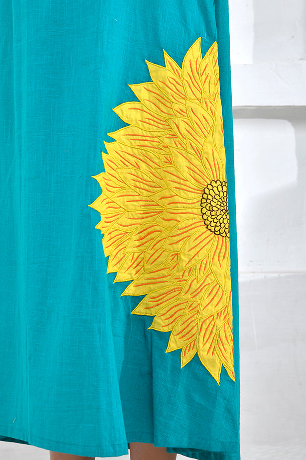 Turquoise Sunflower Embroidery Shirt Dress