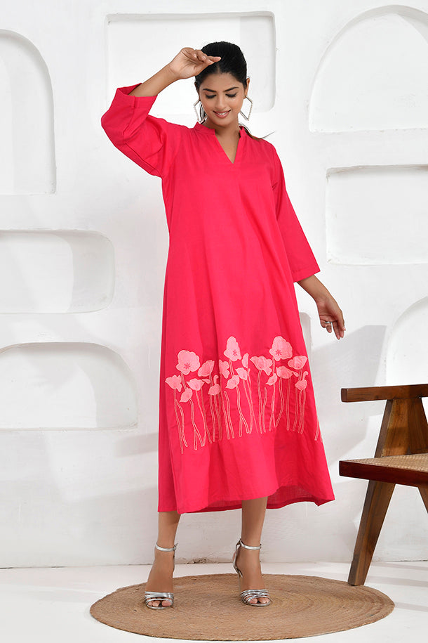 Poppy Embroidery Shirt Dress in Fuchsia Pink