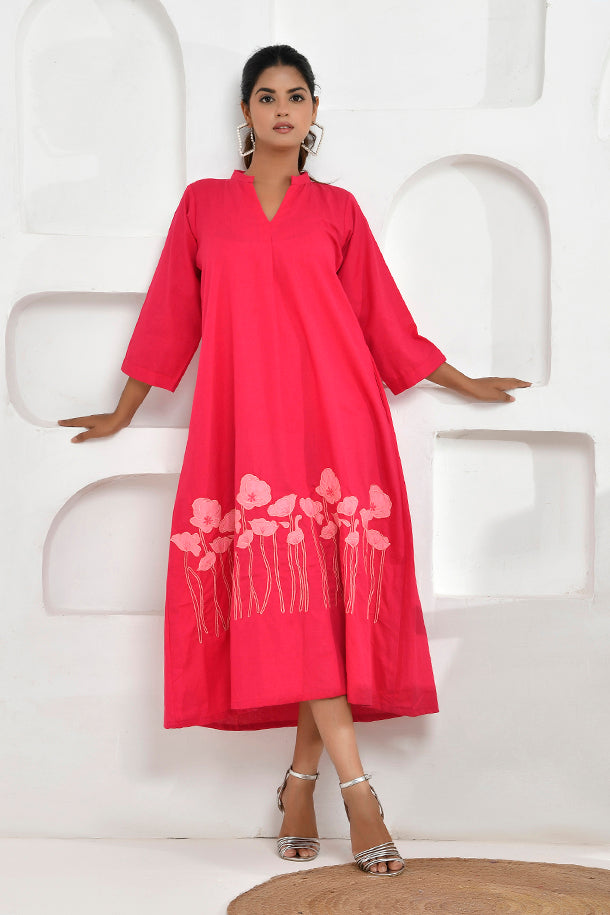 Poppy Embroidery Shirt Dress in Fuchsia Pink