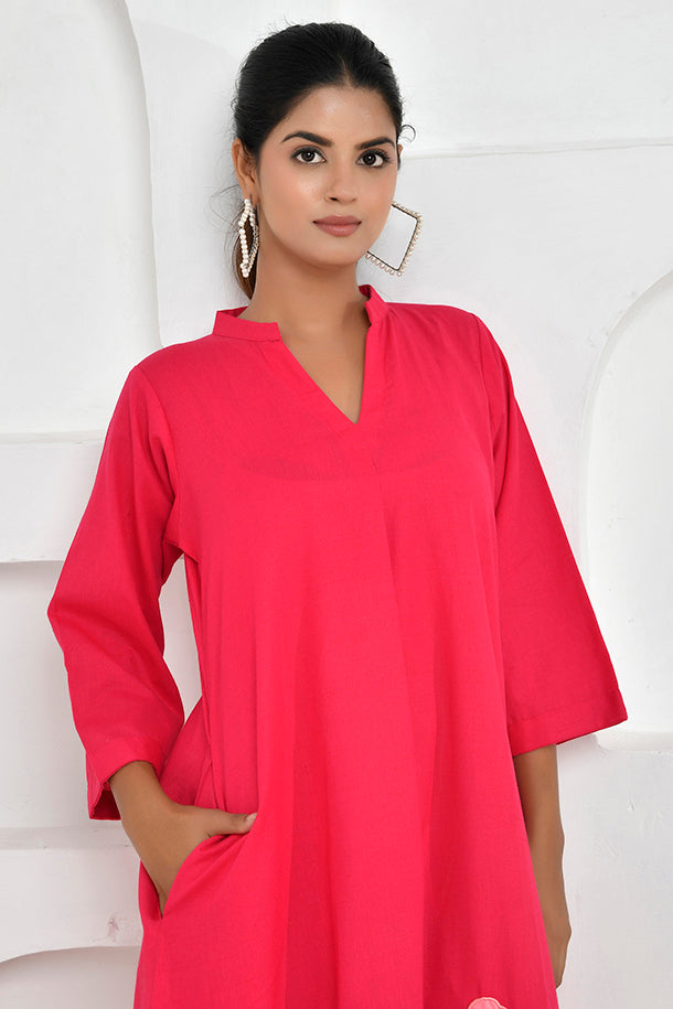 Poppy Embroidery Shirt Dress in Fuchsia Pink