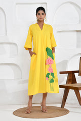 Yellow Lotus Embroidery Shirt Dress