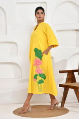 Yellow Lotus Embroidery Shirt Dress