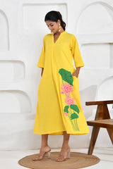 Yellow Lotus Embroidery Shirt Dress