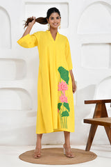 Yellow Lotus Embroidery Shirt Dress