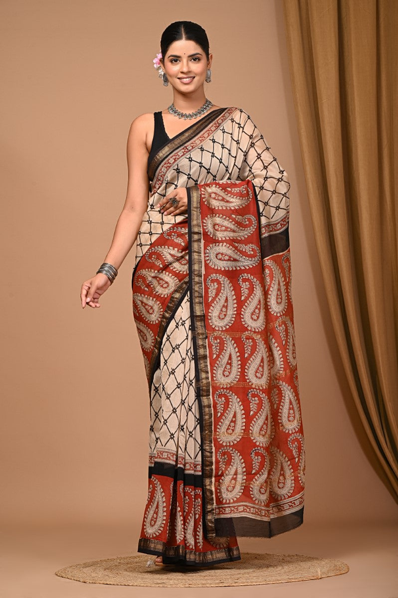 Rudhira - Hand Block Printed Maheshwari Silk Zari Border Saree