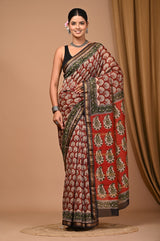 Raktima - Hand Block Printed Maheshwari Silk Zari Border Saree