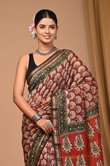 Raktima - Hand Block Printed Maheshwari Silk Zari Border Saree