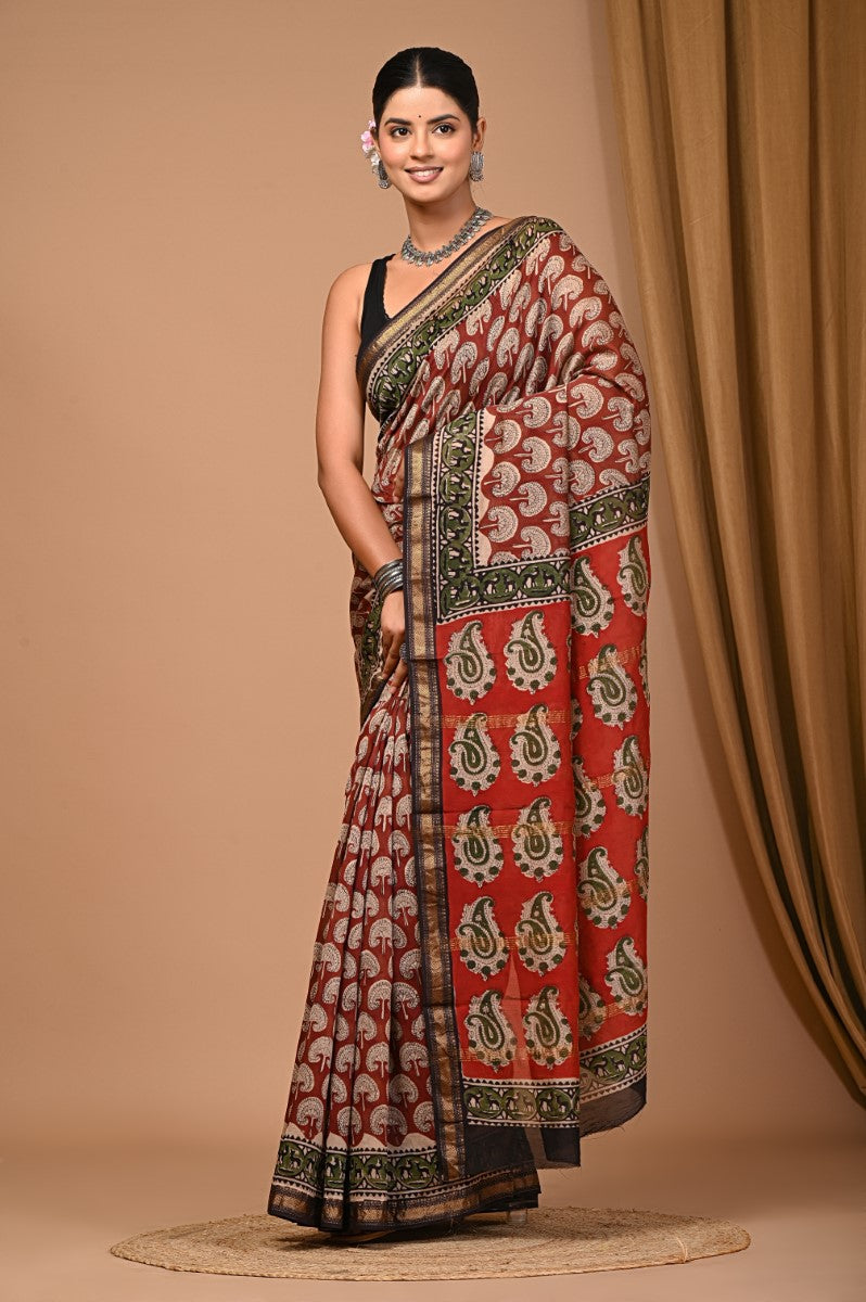 Raktima - Hand Block Printed Maheshwari Silk Zari Border Saree