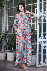 Sea Green Multicoloured Floral Velvet Kaftan Nighty