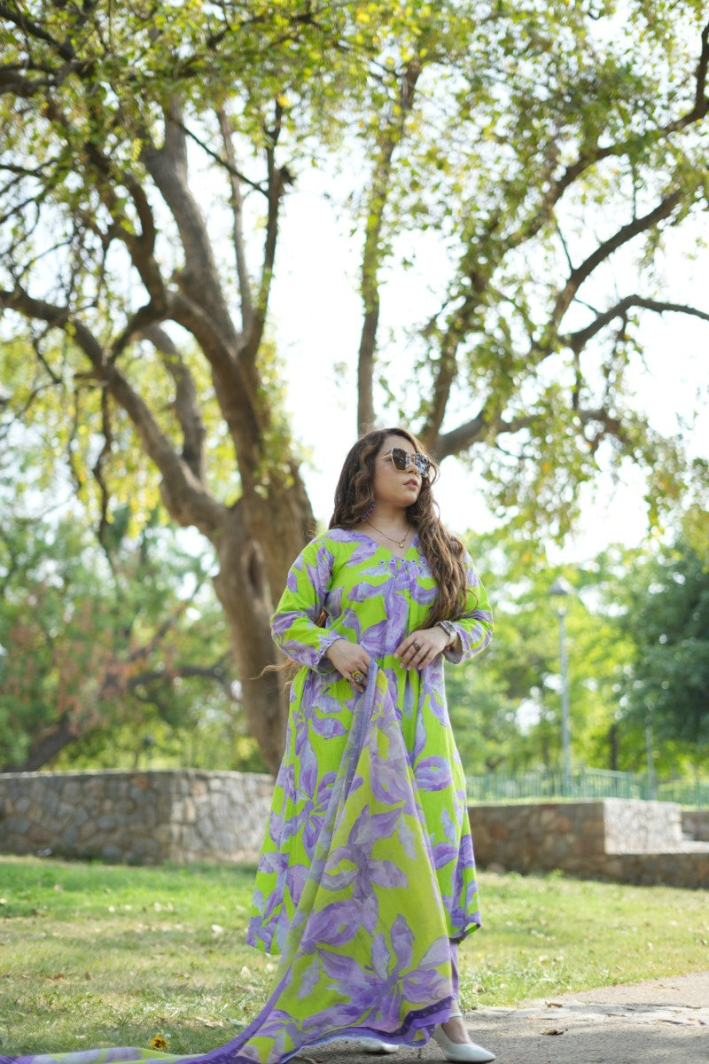 Lavender and Neon Green Cotton Floral Kurta Set