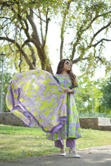 Lavender and Neon Green Cotton Floral Kurta Set