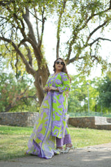 Lavender and Neon Green Cotton Floral Kurta Set