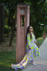 Lavender and Neon Green Cotton Floral Kurta Set