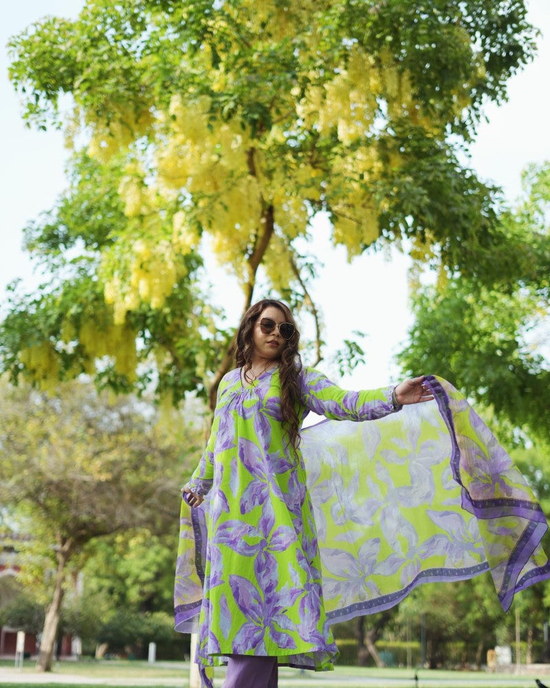 Lavender and Neon Green Cotton Floral Kurta Set