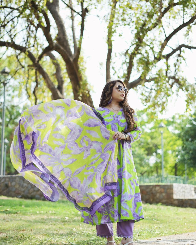 Lavender and Neon Green Cotton Floral Kurta Set