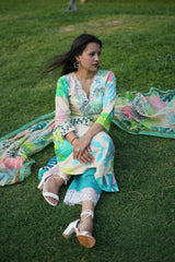 Off White Neon Cotton Tropical Print Kurta Set