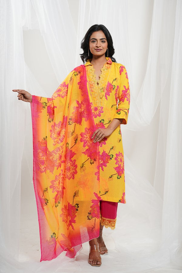 Yellow Fuchsia Pink Cotton Floral Kurta Set