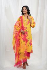 Yellow Fuchsia Pink Cotton Floral Kurta Set