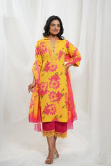 Yellow Fuchsia Pink Cotton Floral Kurta Set