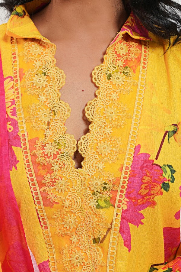 Yellow Fuchsia Pink Cotton Floral Kurta Set