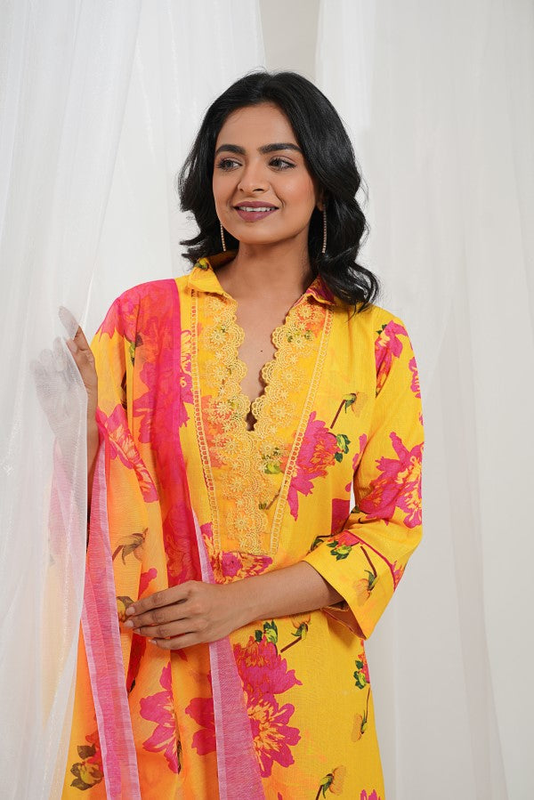 Yellow Fuchsia Pink Cotton Floral Kurta Set