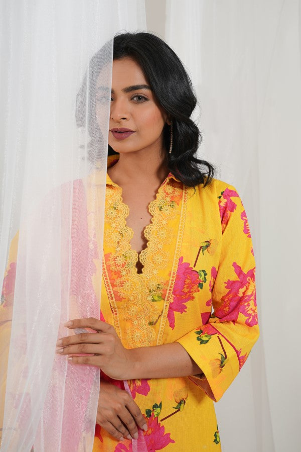 Yellow Fuchsia Pink Cotton Floral Kurta Set