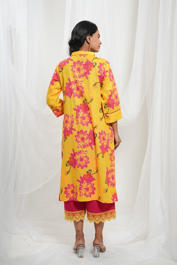 Yellow Fuchsia Pink Cotton Floral Kurta Set