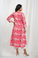 Strawberry Pink  & White Cotton Tropical Print Kurta Set