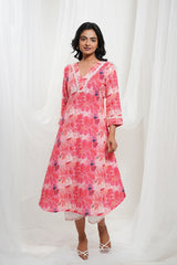 Strawberry Pink  & White Cotton Tropical Print Kurta Set