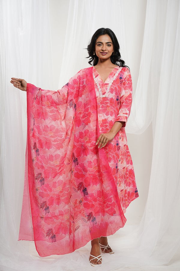 Strawberry Pink  & White Cotton Tropical Print Kurta Set