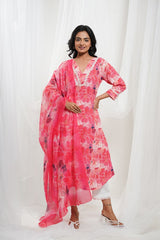 Strawberry Pink  & White Cotton Tropical Print Kurta Set