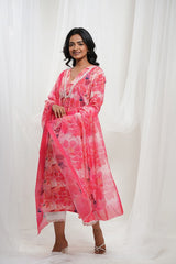 Strawberry Pink  & White Cotton Tropical Print Kurta Set